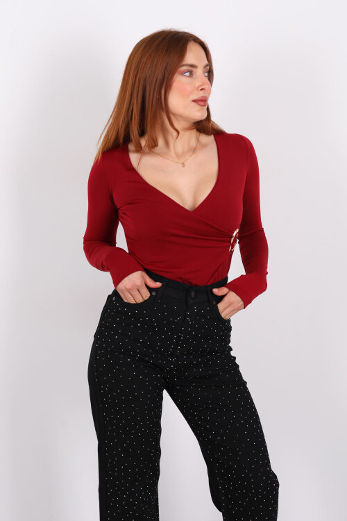 Kruvaze Yaka Gold Aksesuarlı Bordo Kadın Bluz - 6