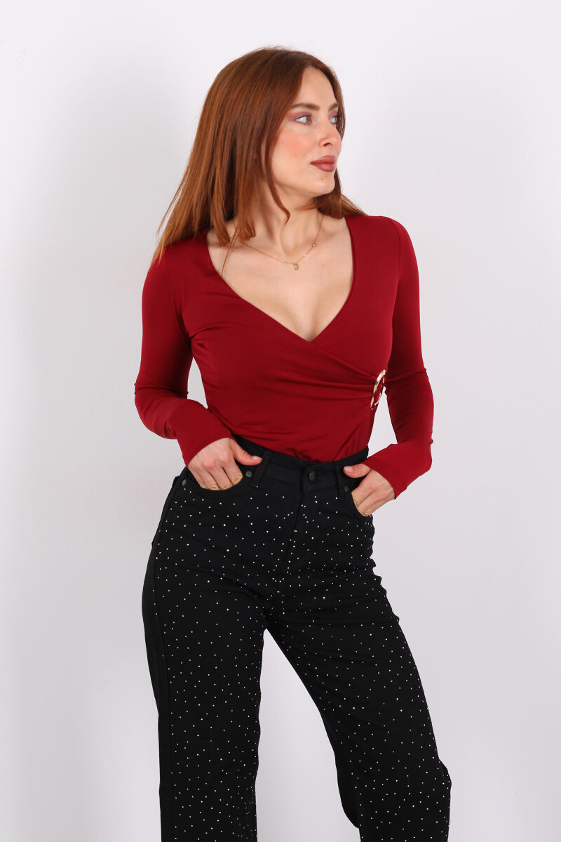 Kruvaze Yaka Gold Aksesuarlı Bordo Kadın Bluz - 6