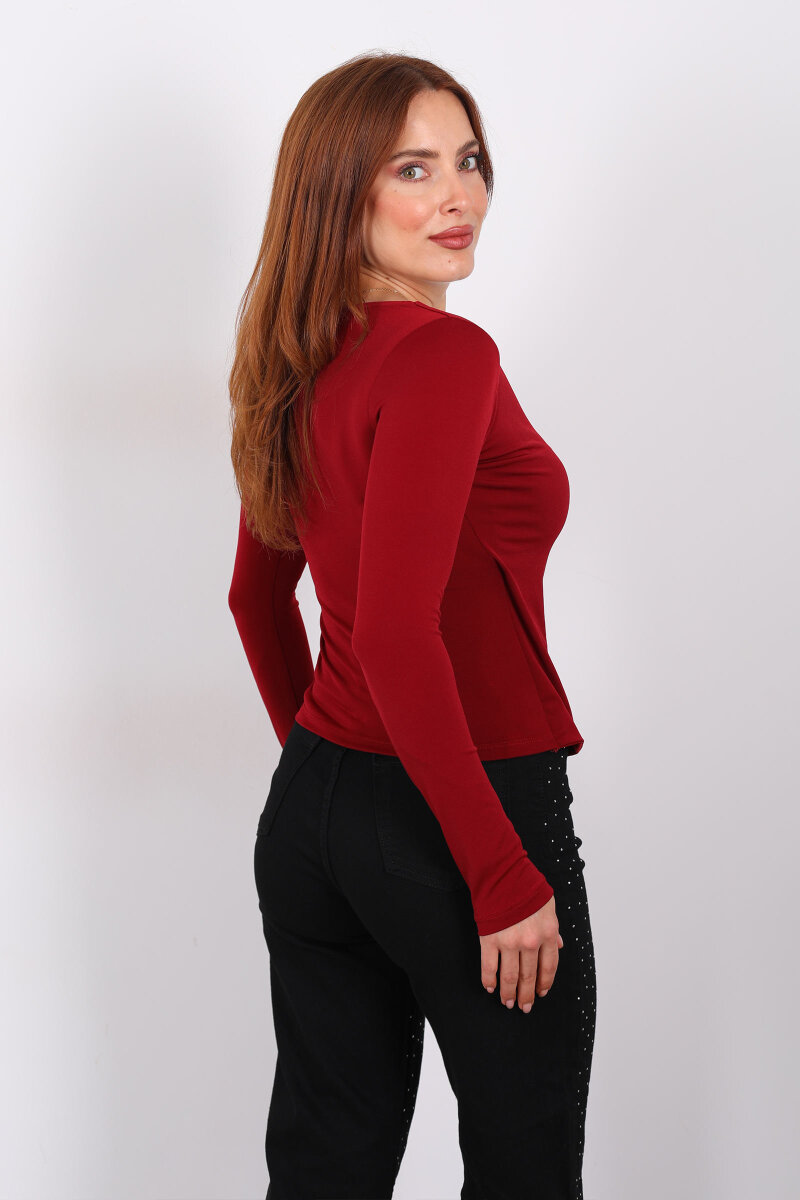 Kruvaze Yaka Gold Aksesuarlı Bordo Kadın Bluz - 5