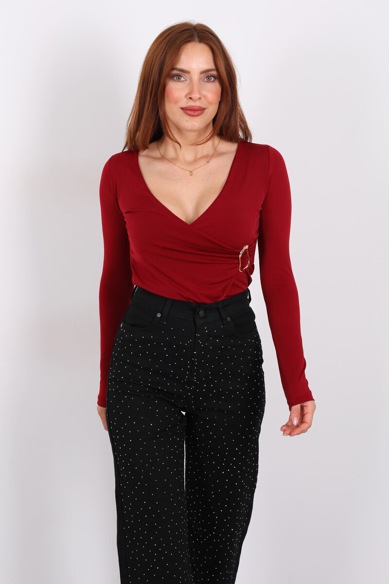 Kruvaze Yaka Gold Aksesuarlı Bordo Kadın Bluz - 4