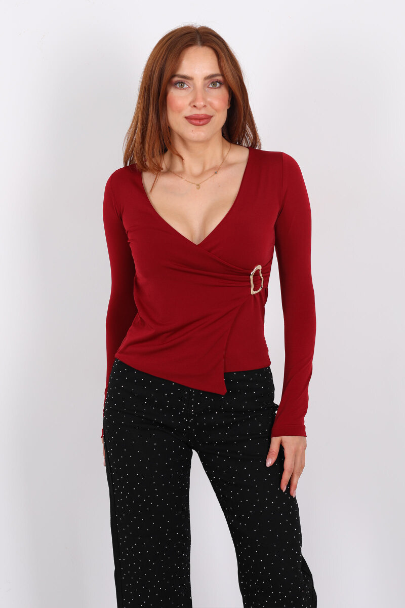 Kruvaze Yaka Gold Aksesuarlı Bordo Kadın Bluz - 1
