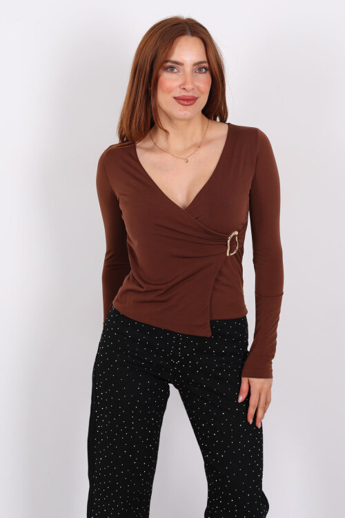 Kruvaze Yaka Gold Aksesuarlı Kahverengi Kadın Bluz - Berox