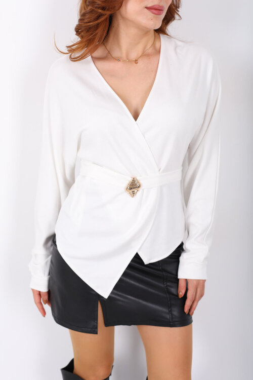 Kruvaze Yaka Kemer Aksesuarlı Beyaz Kadın Bluz - Berox (1)