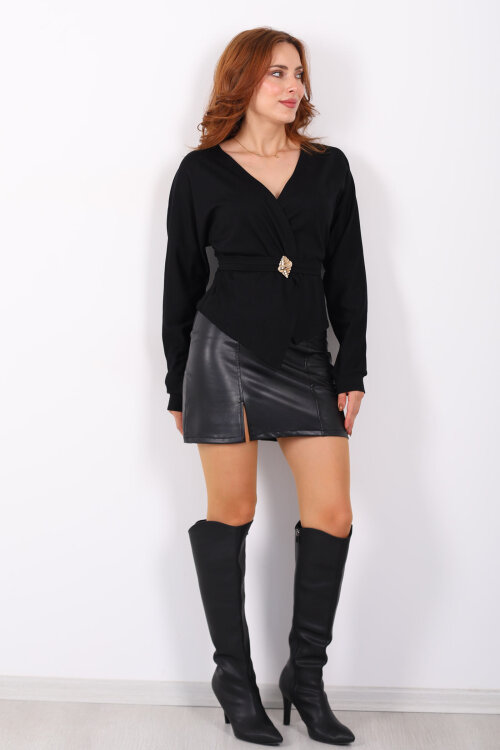 Kruvaze Yaka Kemer Aksesuarlı Siyah Kadın Bluz - Berox