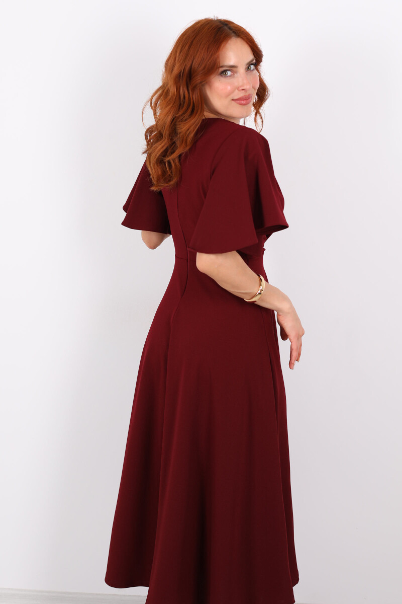 Kruvaze Yaka Kolu Volanlı Bordo Kadın Maxi Krep Elbise - 4