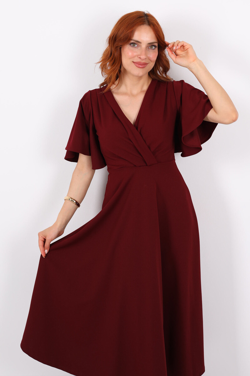 Kruvaze Yaka Kolu Volanlı Bordo Kadın Maxi Krep Elbise - 6
