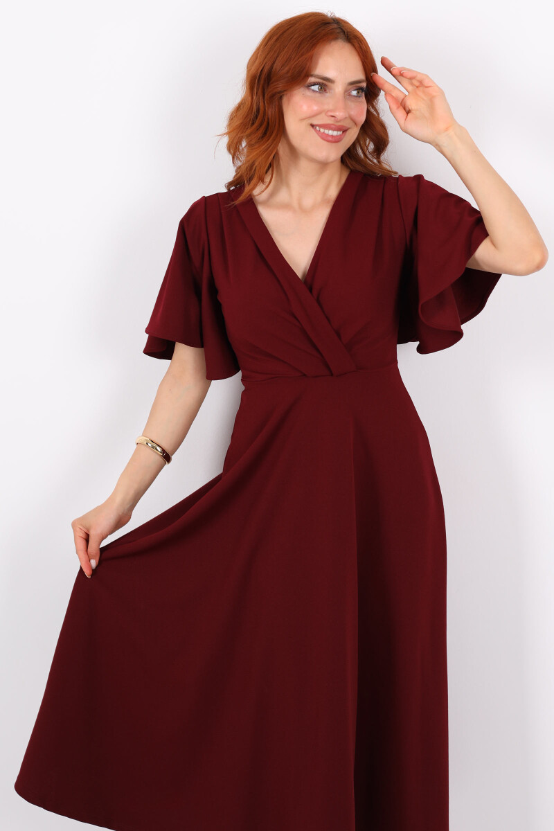 Kruvaze Yaka Kolu Volanlı Bordo Kadın Maxi Krep Elbise - 1