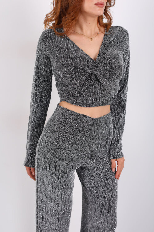 Kruvaze Yaka Simli Bol Paça Gümüş Kadın Bluz-Pantolon Takım - Berox (1)