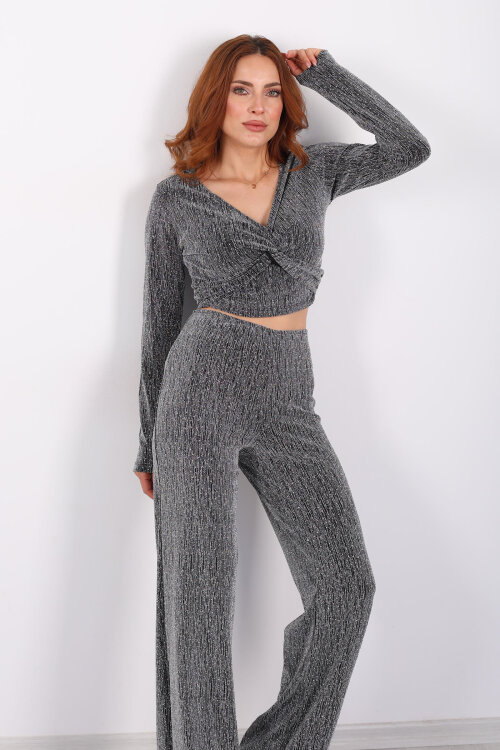 Kruvaze Yaka Simli Bol Paça Gümüş Kadın Bluz-Pantolon Takım - 6