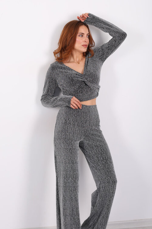 Kruvaze Yaka Simli Bol Paça Gümüş Kadın Bluz-Pantolon Takım - Berox