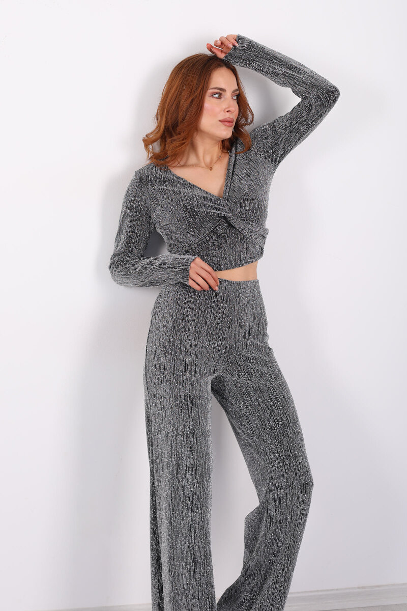 Kruvaze Yaka Simli Bol Paça Gümüş Kadın Bluz-Pantolon Takım - 1