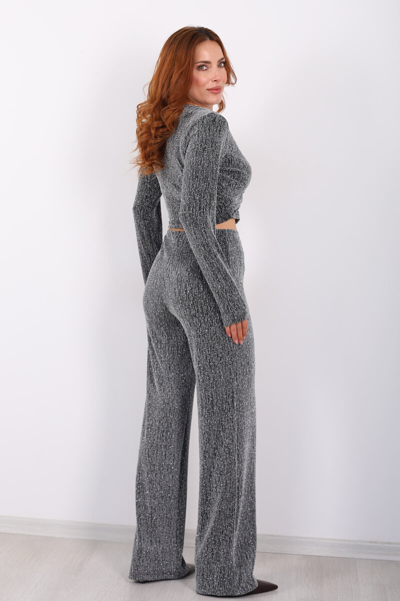 Kruvaze Yaka Simli Bol Paça Gümüş Kadın Bluz-Pantolon Takım - 5