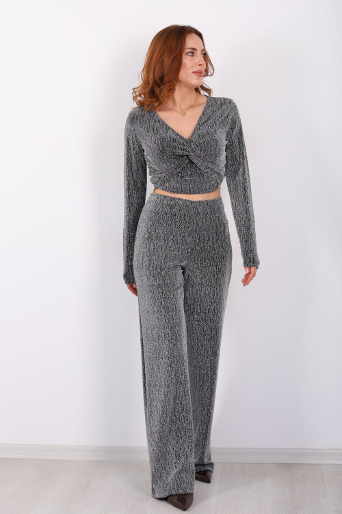 Kruvaze Yaka Simli Bol Paça Gümüş Kadın Bluz-Pantolon Takım - 4