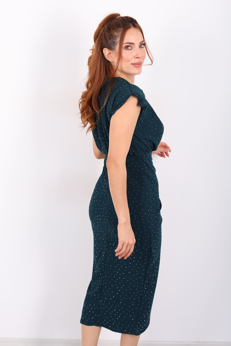 Kruvaze Yaka Taşlı Vatkalı Petrol Yeşili Kadın Midi Elbise - 6