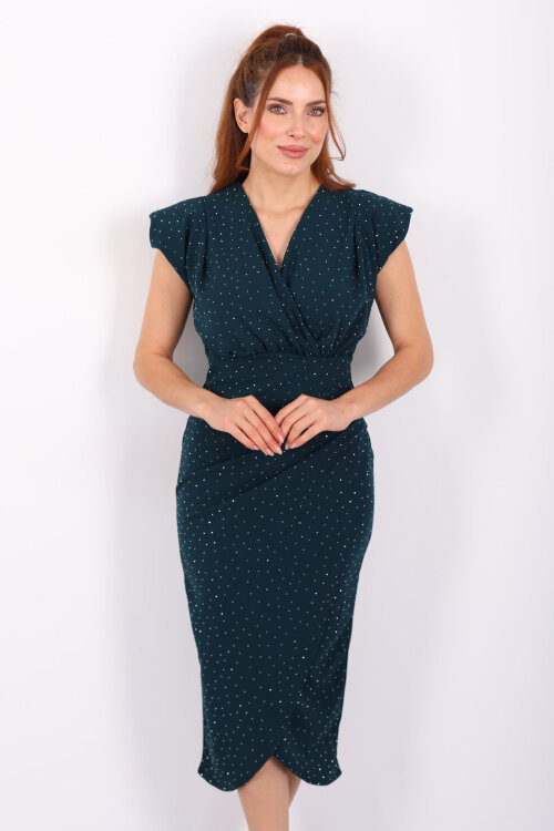 Kruvaze Yaka Taşlı Vatkalı Petrol Yeşili Kadın Midi Elbise - 3