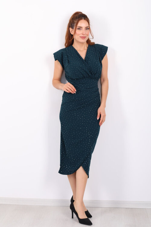 Kruvaze Yaka Taşlı Vatkalı Petrol Yeşili Kadın Midi Elbise - 4