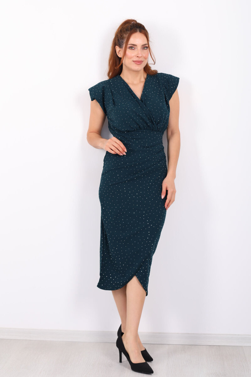 Kruvaze Yaka Taşlı Vatkalı Petrol Yeşili Kadın Midi Elbise - 4