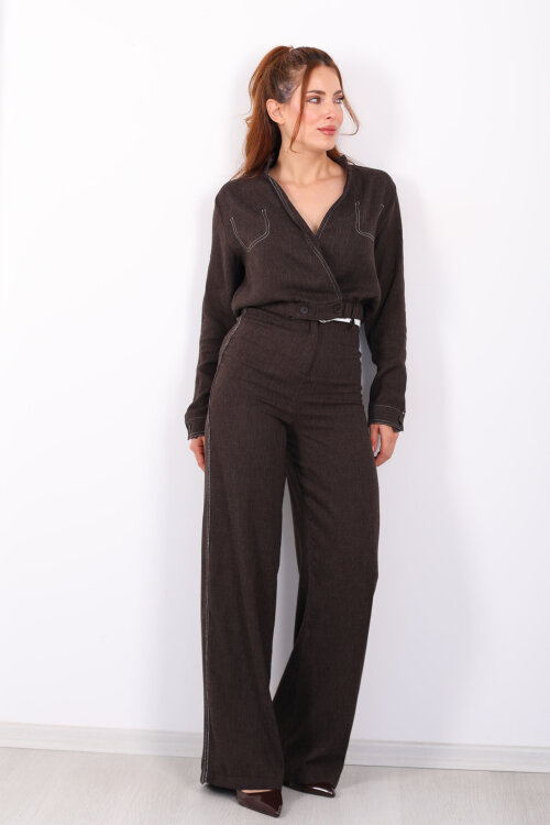 Kruvaze Yaka Ters Dikişli Kemerli Bol Paça Kahverengi Kadın Takım - 7