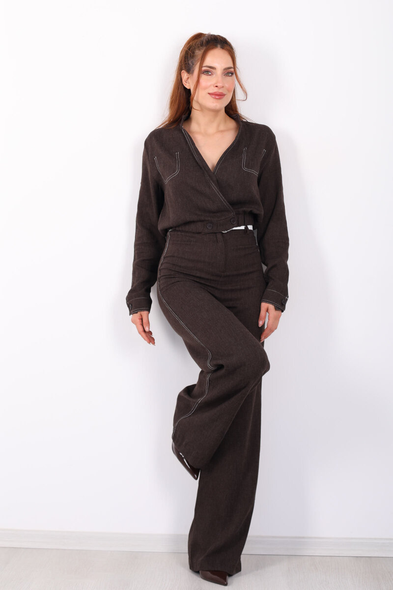 Kruvaze Yaka Ters Dikişli Kemerli Bol Paça Kahverengi Kadın Takım - 5