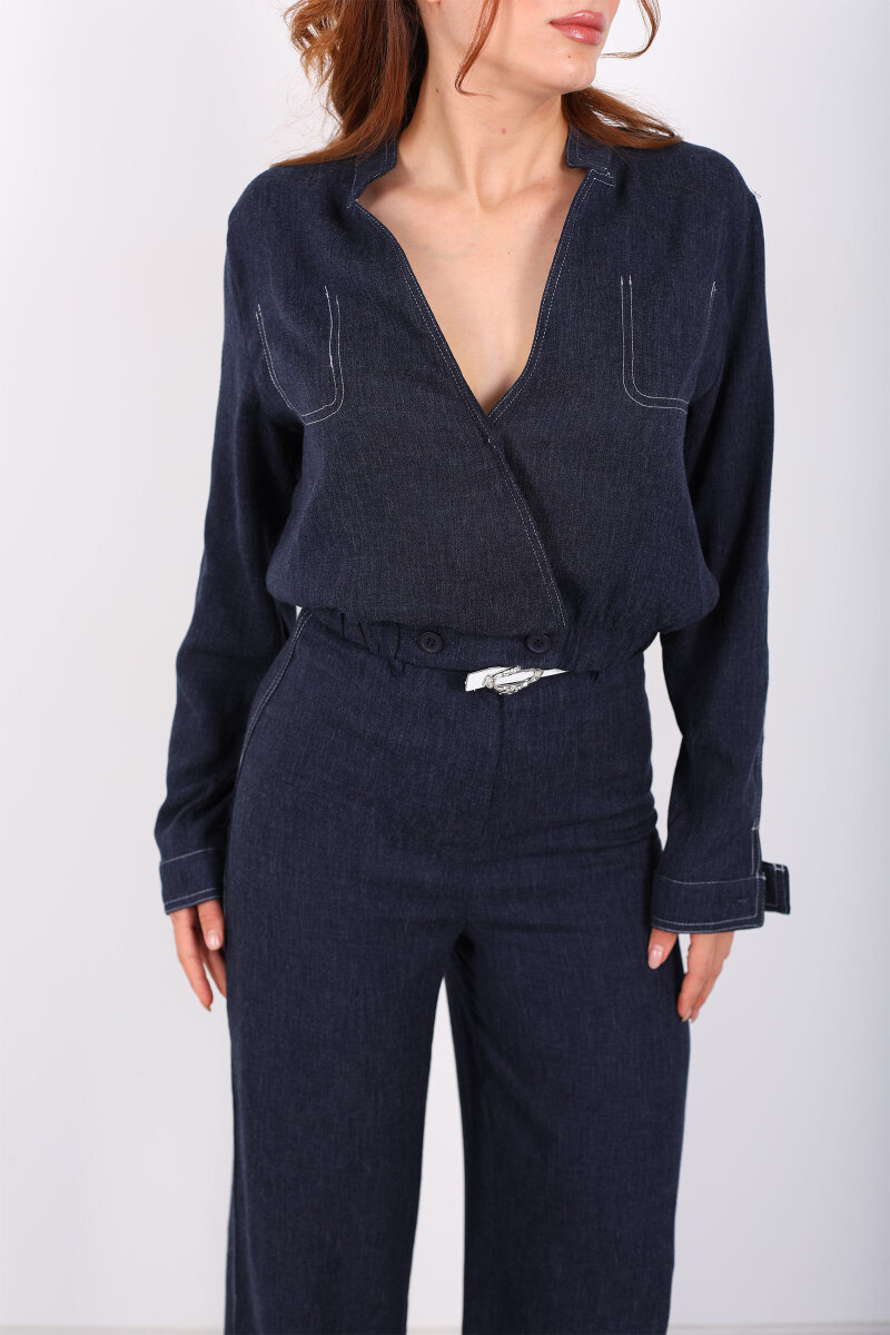 Kruvaze Yaka Ters Dikişli Kemerli Bol Paça Lacivert Kadın Takım - 2