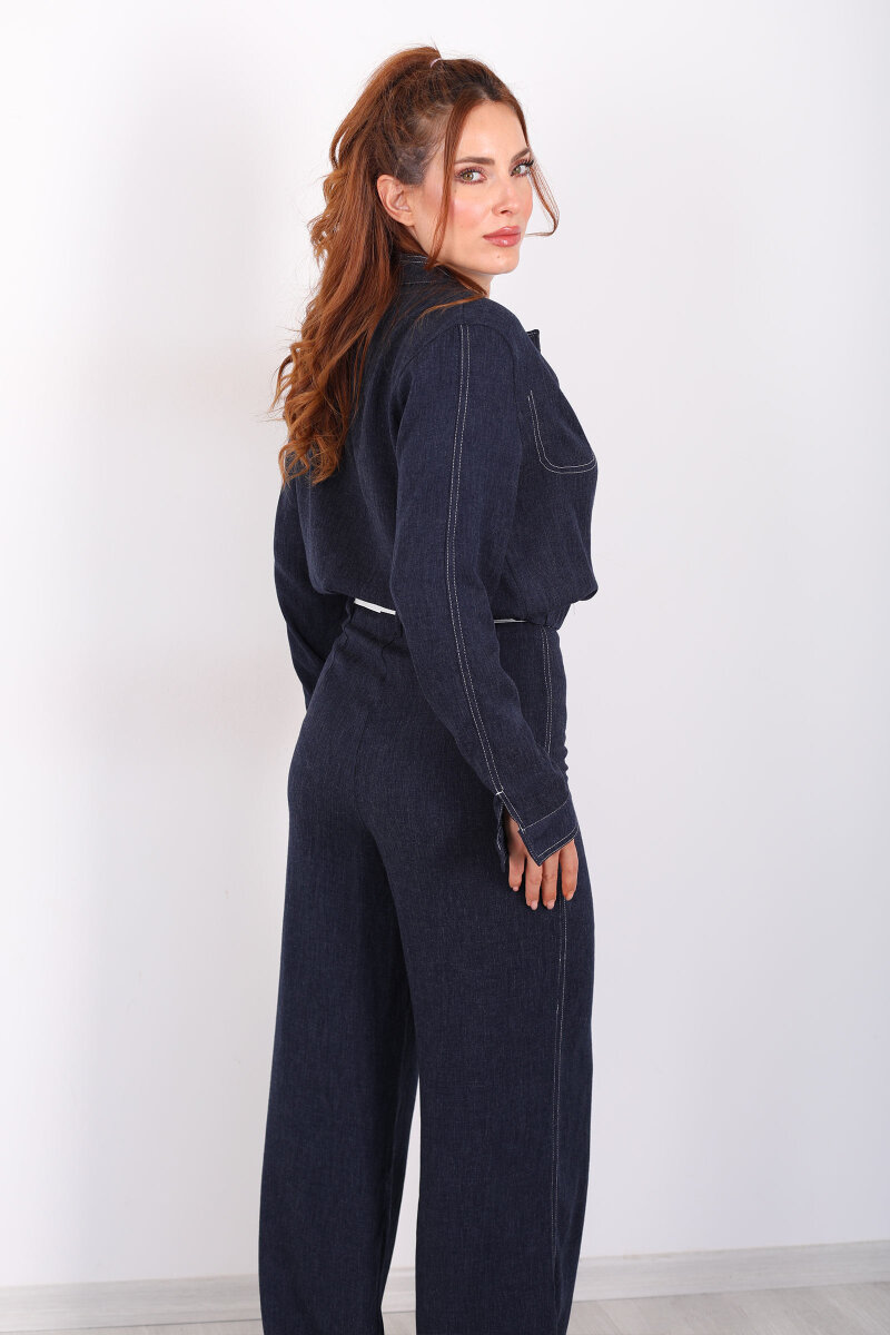 Kruvaze Yaka Ters Dikişli Kemerli Bol Paça Lacivert Kadın Takım - 7