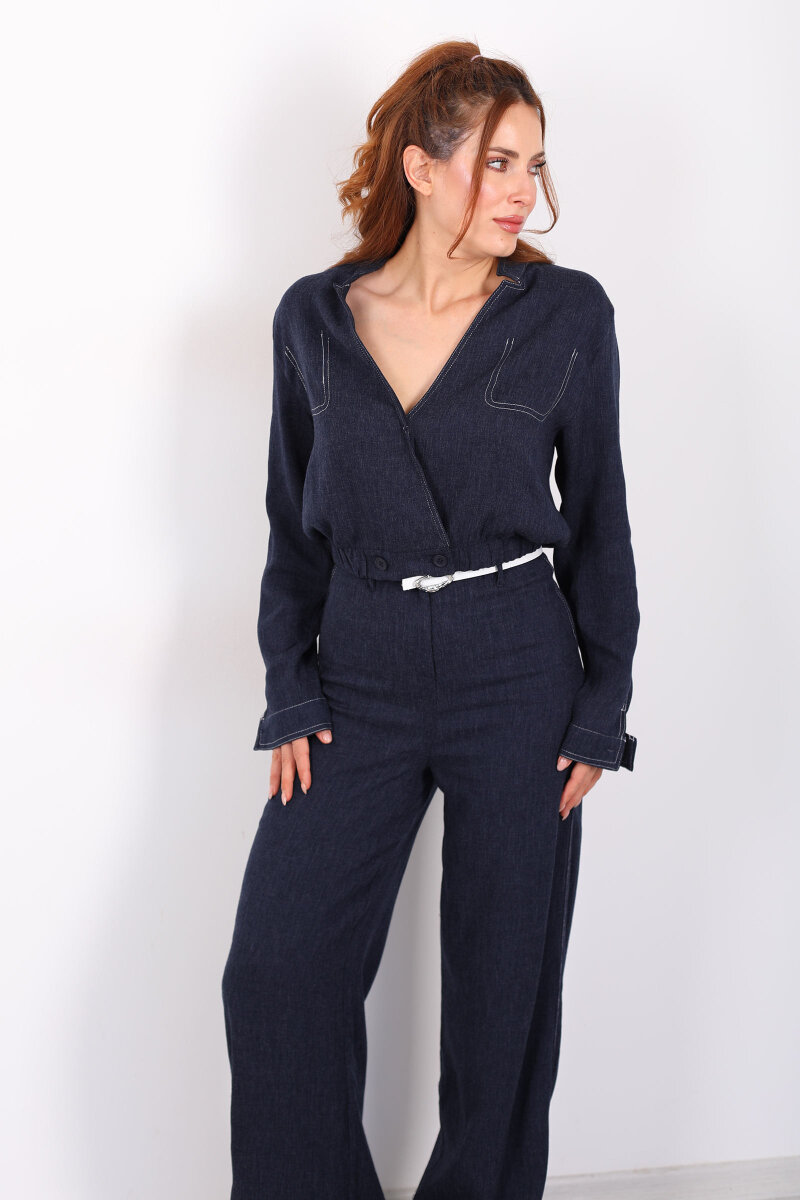 Kruvaze Yaka Ters Dikişli Kemerli Bol Paça Lacivert Kadın Takım - 5