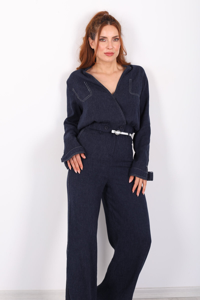 Kruvaze Yaka Ters Dikişli Kemerli Bol Paça Lacivert Kadın Takım - 1