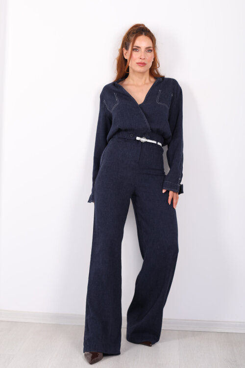 Kruvaze Yaka Ters Dikişli Kemerli Bol Paça Lacivert Kadın Takım - 9