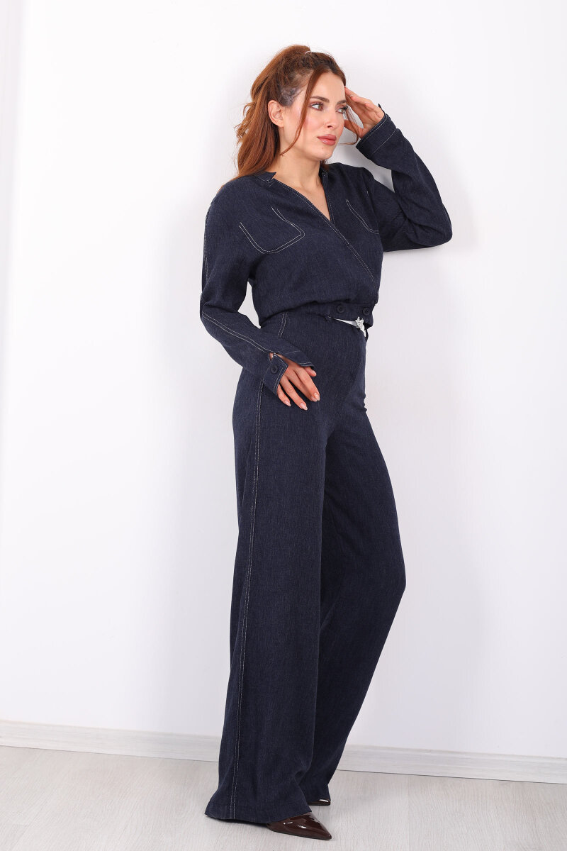 Kruvaze Yaka Ters Dikişli Kemerli Bol Paça Lacivert Kadın Takım - 8