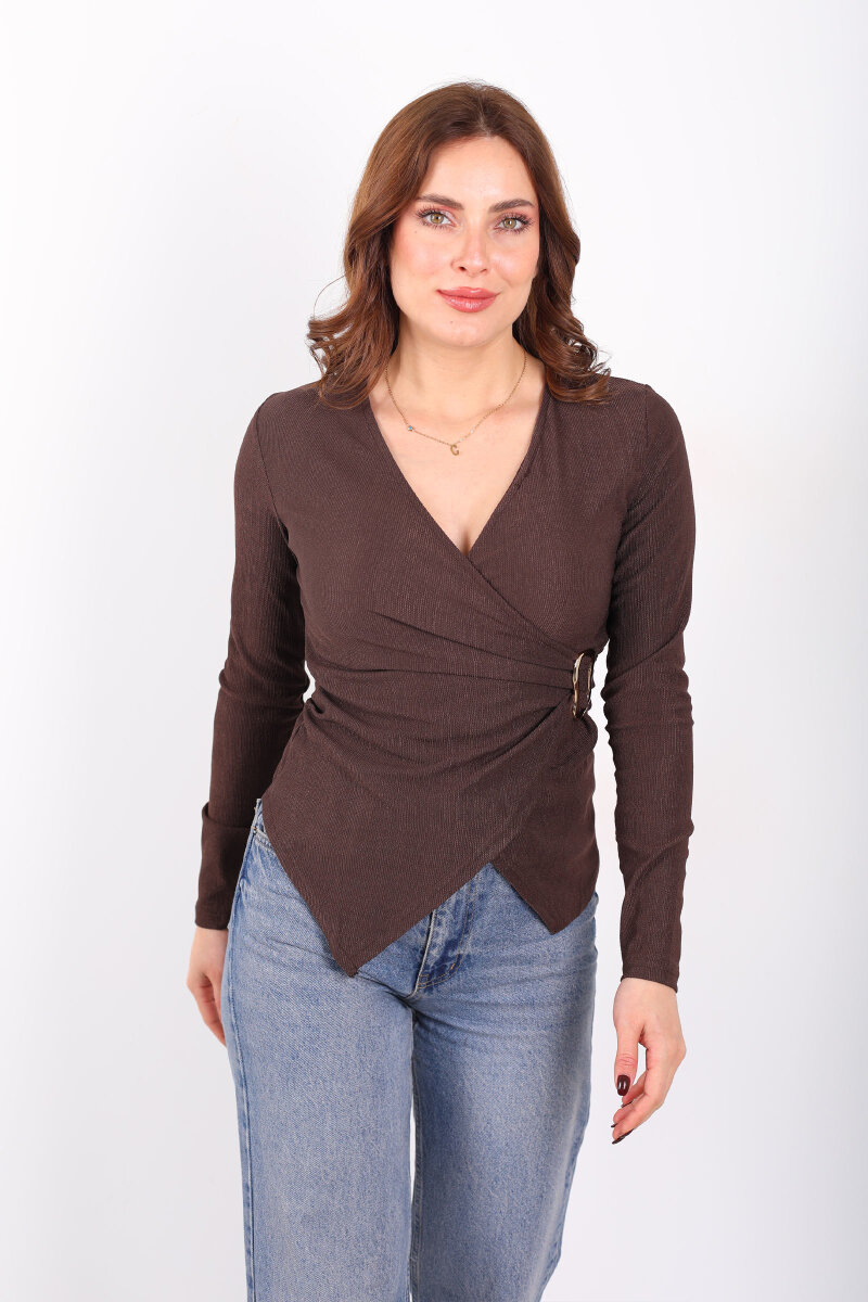 Kruvaze Yaka Toka Detaylı Acı Kahve Kadın Bluz - 3