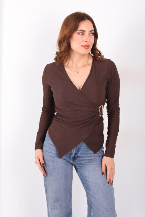 Kruvaze Yaka Toka Detaylı Acı Kahve Kadın Bluz - 4