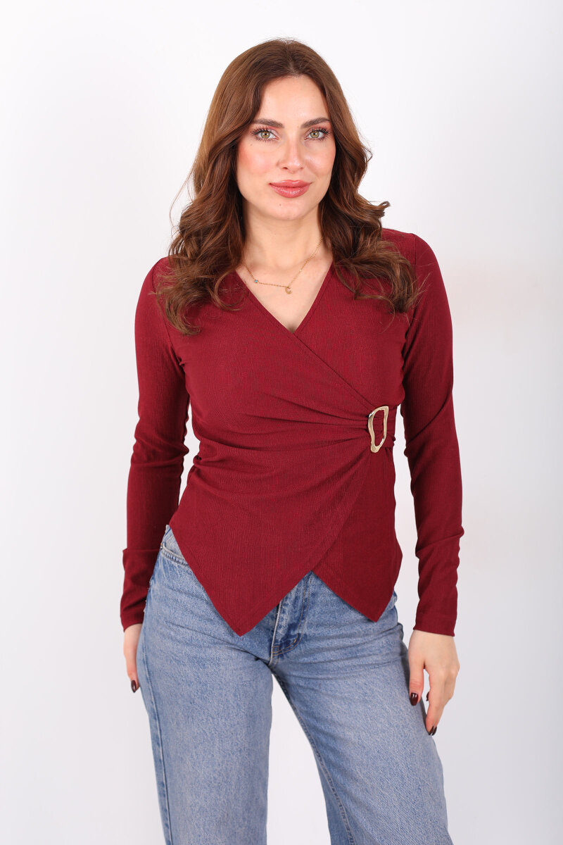 Kruvaze Yaka Toka Detaylı Bordo Kadın Bluz - 1