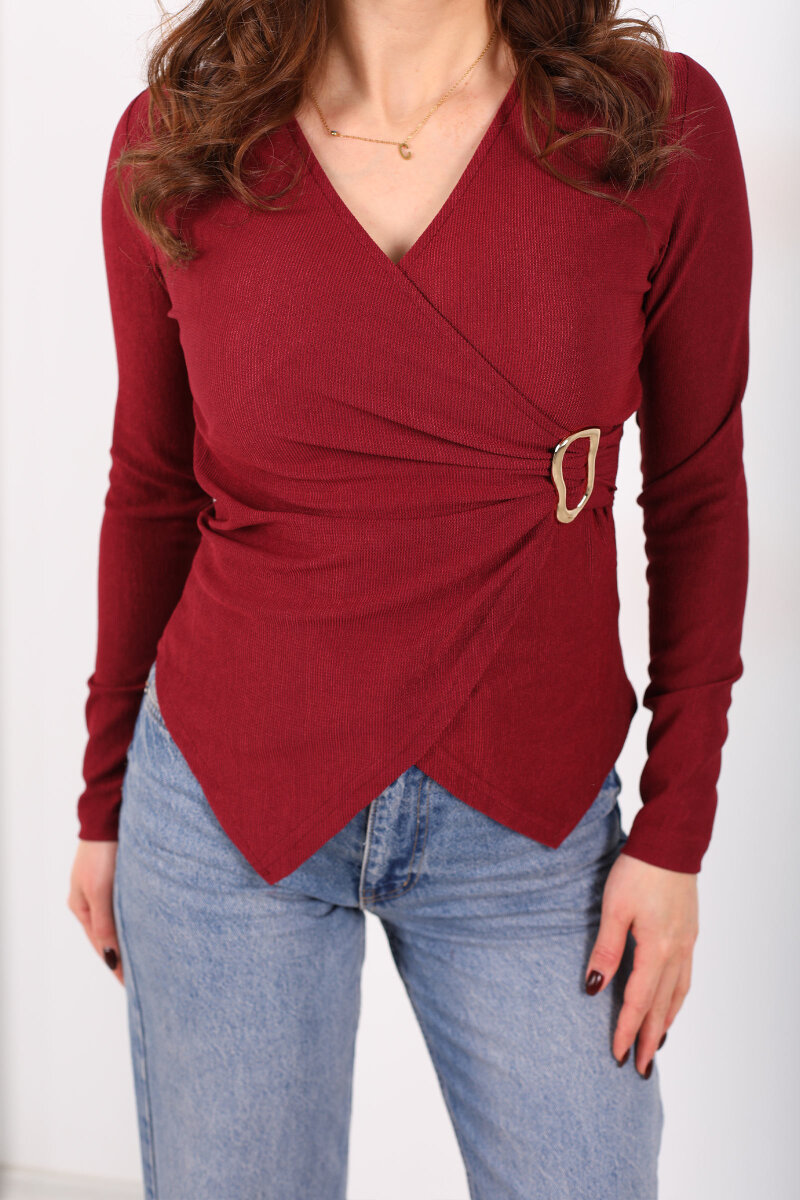 Kruvaze Yaka Toka Detaylı Bordo Kadın Bluz - 2
