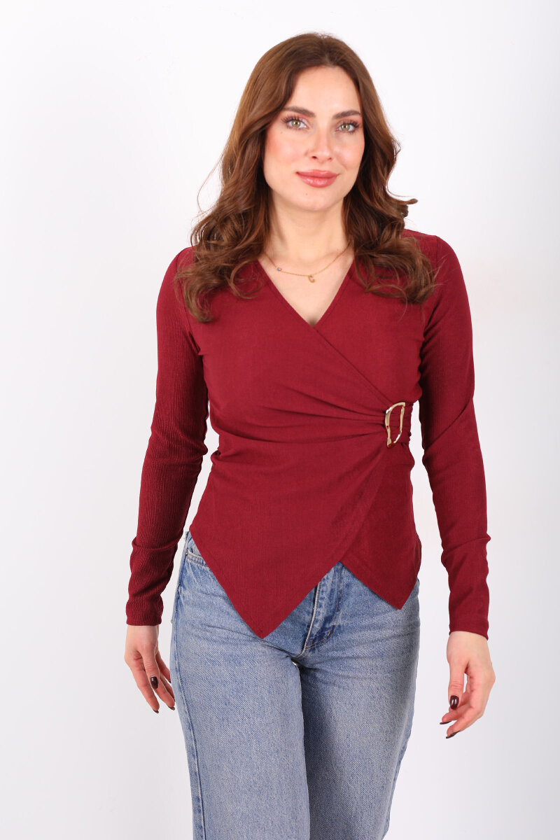 Kruvaze Yaka Toka Detaylı Bordo Kadın Bluz - 4