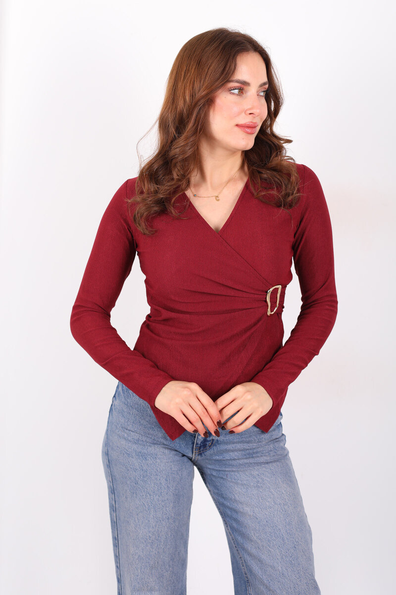 Kruvaze Yaka Toka Detaylı Bordo Kadın Bluz - 3