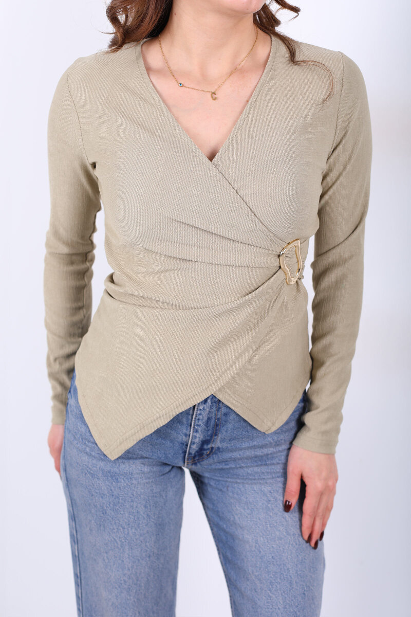 Kruvaze Yaka Toka Detaylı Çağla Yeşili Kadın Bluz - 2