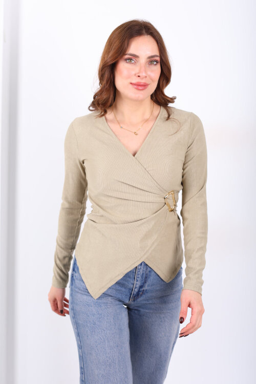 Kruvaze Yaka Toka Detaylı Çağla Yeşili Kadın Bluz - 4