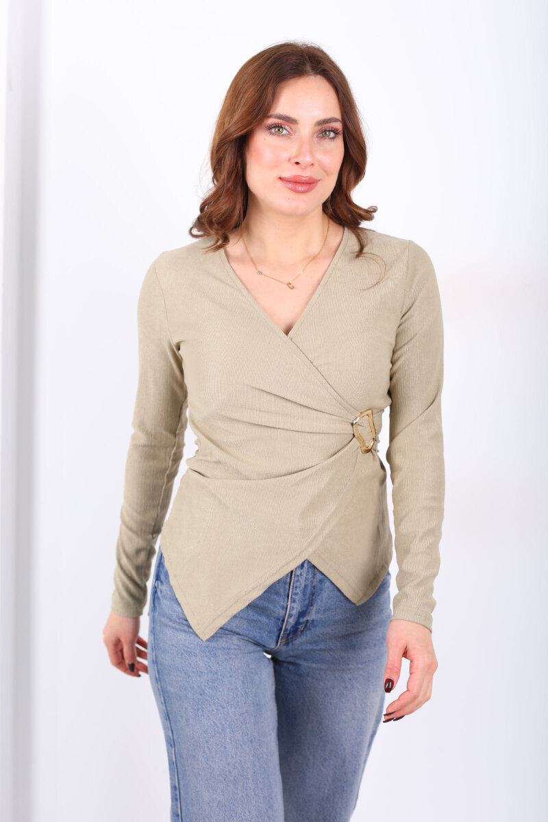 Kruvaze Yaka Toka Detaylı Çağla Yeşili Kadın Bluz - 4