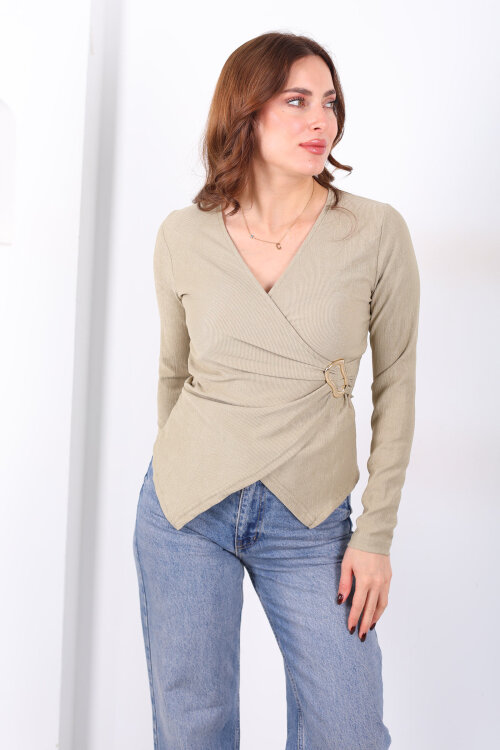 Kruvaze Yaka Toka Detaylı Çağla Yeşili Kadın Bluz - 3