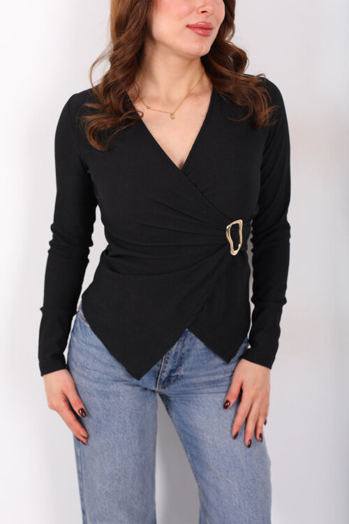 Kruvaze Yaka Toka Detaylı Siyah Kadın Bluz - Berox (1)