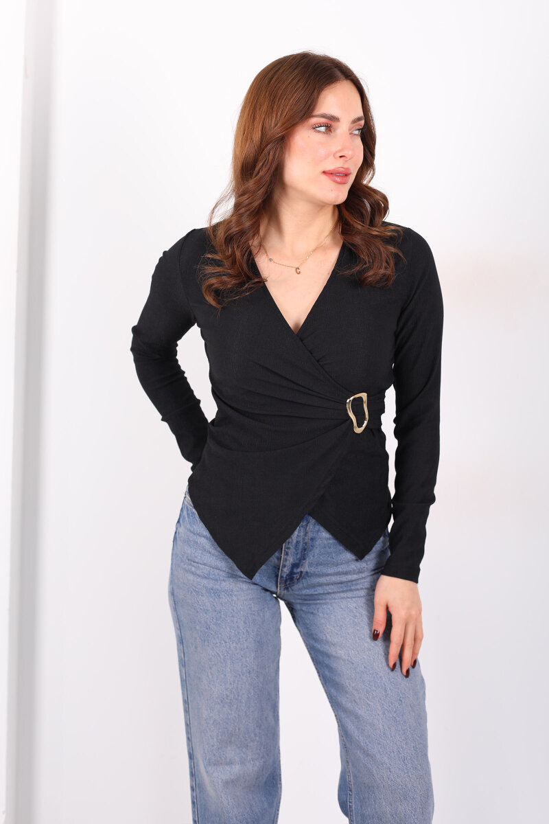 Kruvaze Yaka Toka Detaylı Siyah Kadın Bluz - 3