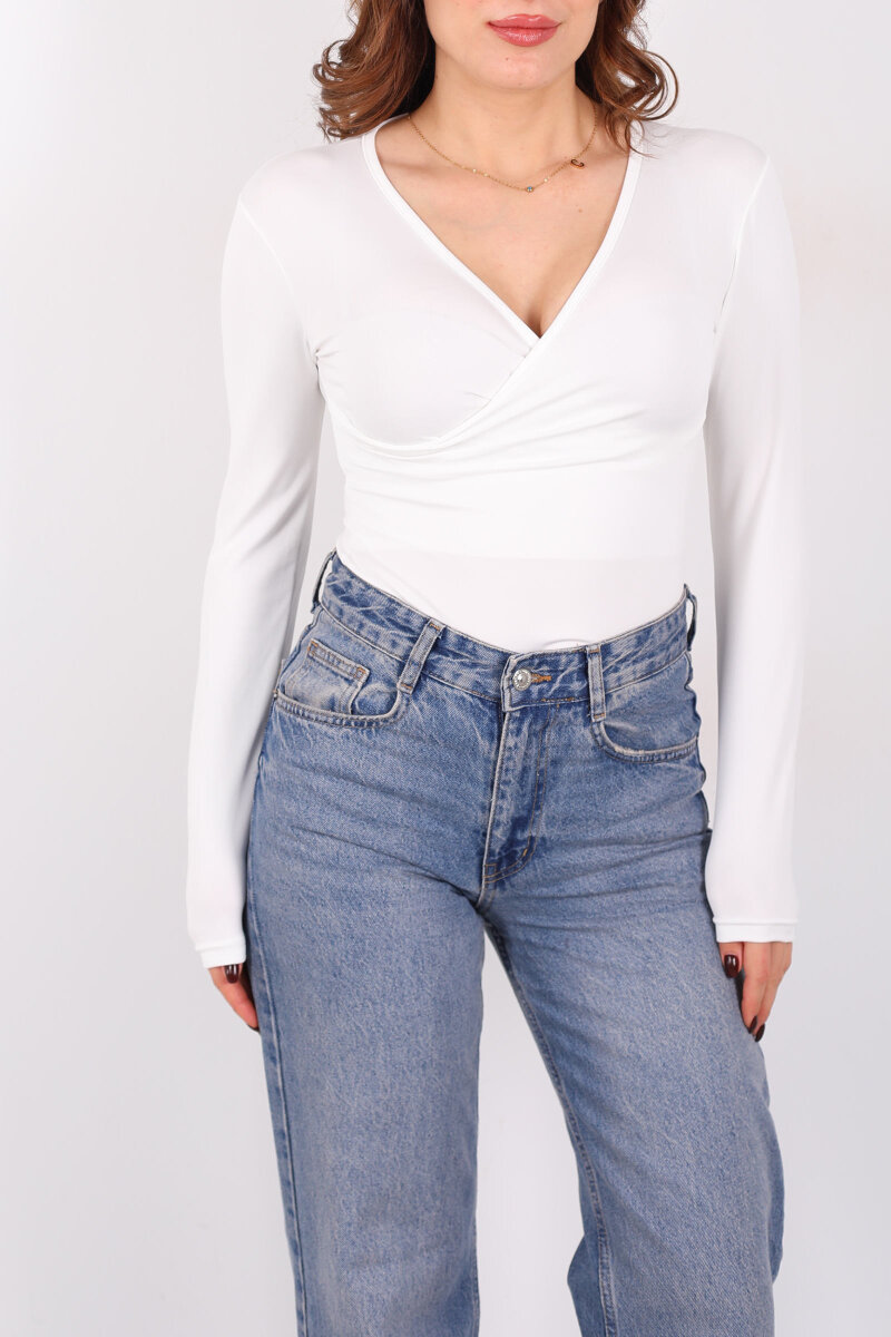Kruvaze Yaka Uzun Kol Beyaz Kadın Çıtçıtlı Body - 2