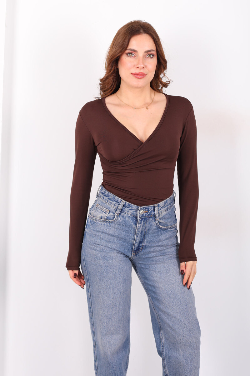 Kruvaze Yaka Uzun Kol Kahverengi Kadın Çıtçıtlı Body - 6