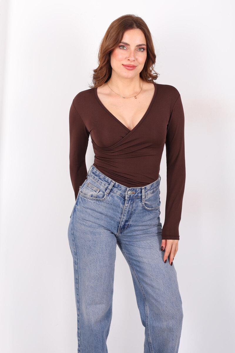 Kruvaze Yaka Uzun Kol Kahverengi Kadın Çıtçıtlı Body - 4
