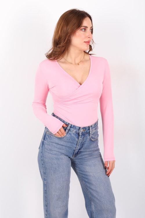 Kruvaze Yaka Uzun Kol Pembe Kadın Çıtçıtlı Body - 3