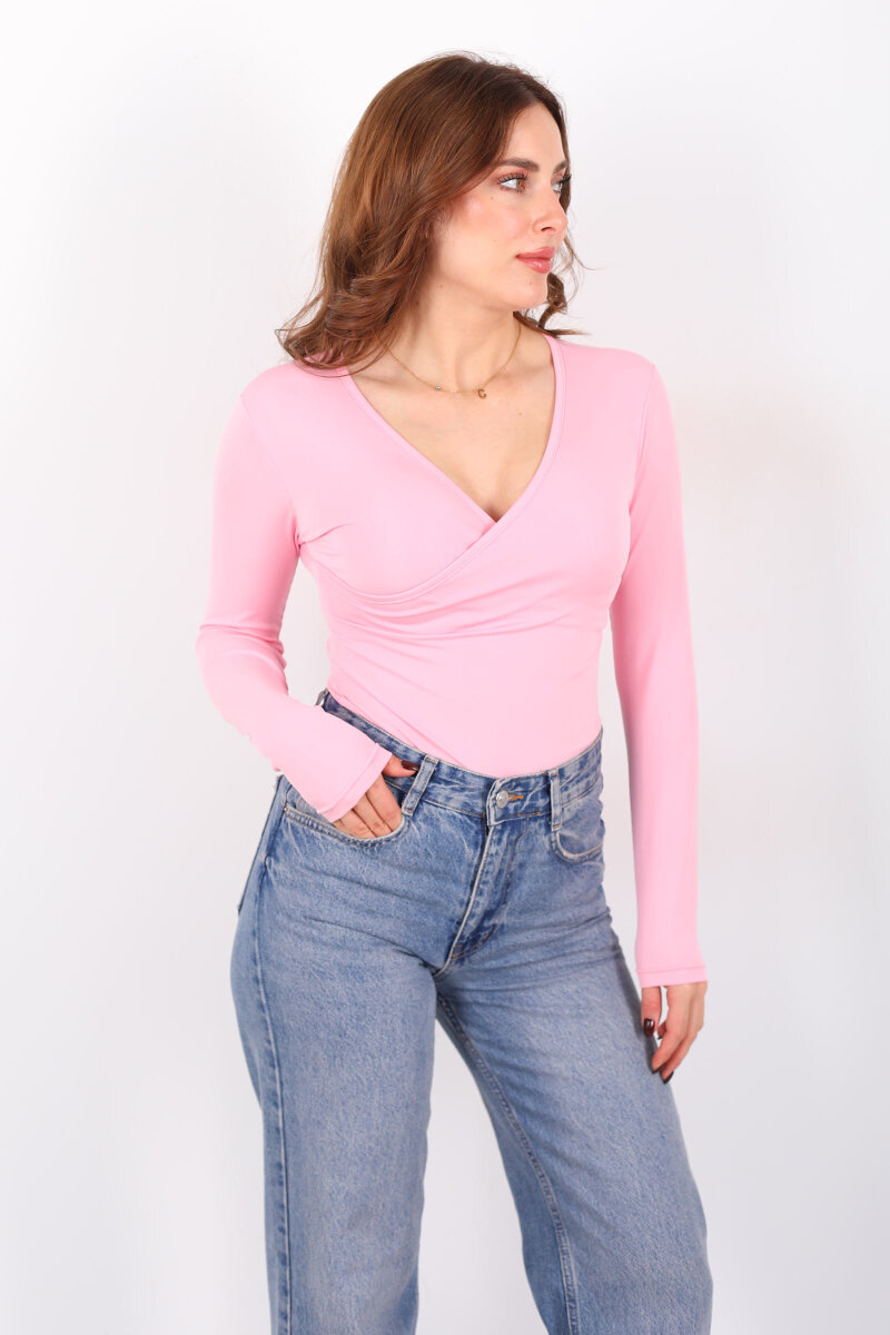 Kruvaze Yaka Uzun Kol Pembe Kadın Çıtçıtlı Body - 3