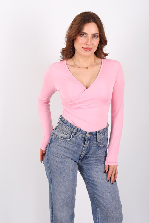Kruvaze Yaka Uzun Kol Pembe Kadın Çıtçıtlı Body - 4