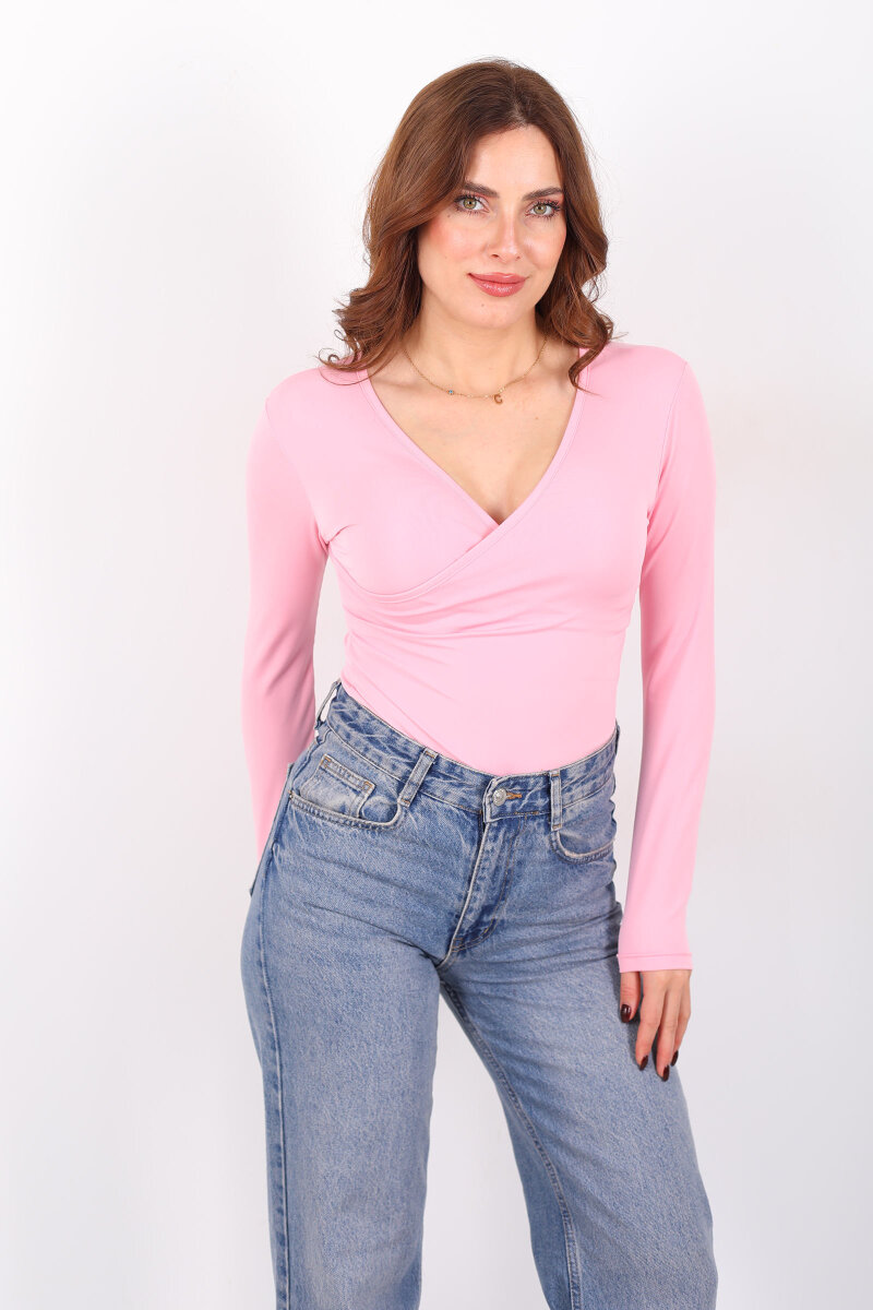 Kruvaze Yaka Uzun Kol Pembe Kadın Çıtçıtlı Body - 6