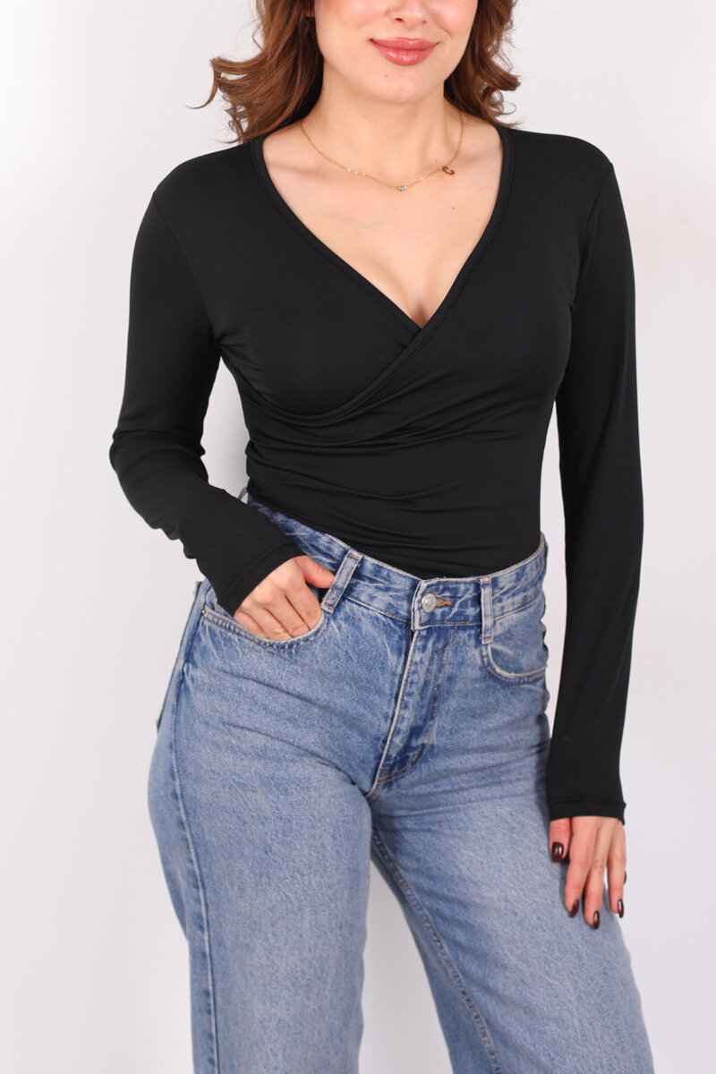 Kruvaze Yaka Uzun Kol Siyah Kadın Çıtçıtlı Body - 2