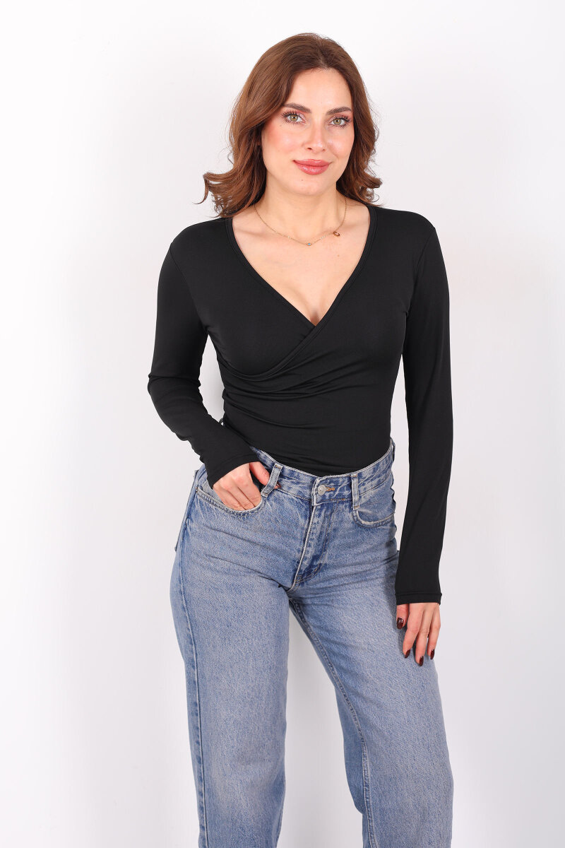 Kruvaze Yaka Uzun Kol Siyah Kadın Çıtçıtlı Body - 5